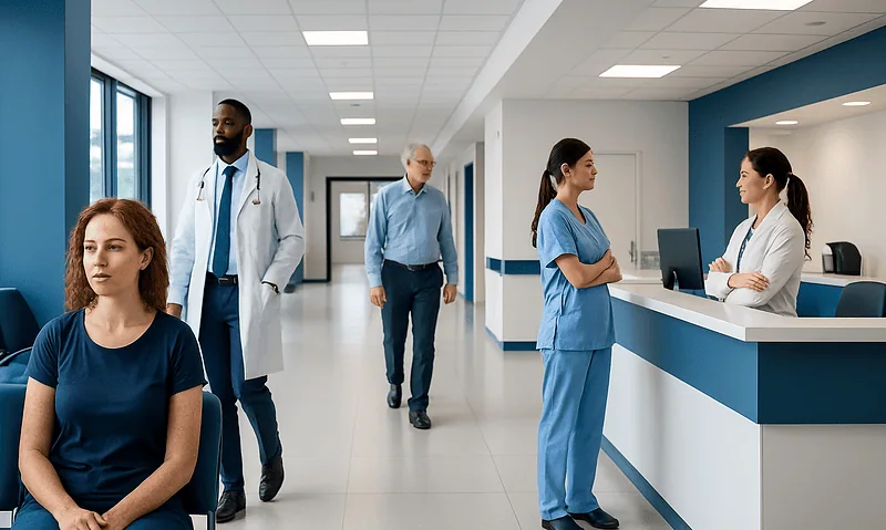 Modern hospital reception area with medical staff and patients.