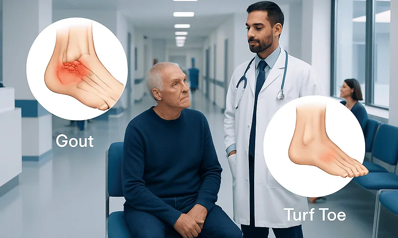 Doctor explaining gout and turf toe symptoms to patient in hospital corridor.