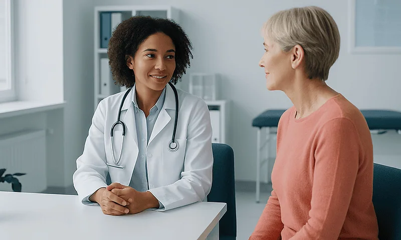 Doctor consulting with an elderly patient in a medical office setting.