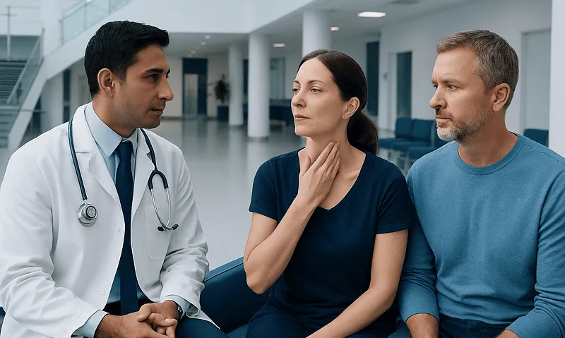 Doctor consulting with a woman patient about thyroid health in hospital.