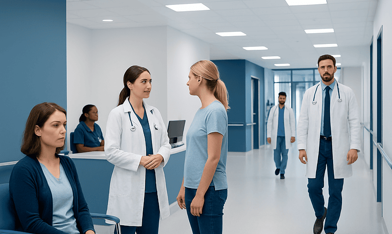 Medical team consulting patient in hospital corridor at Acibadem Hospitals Group.