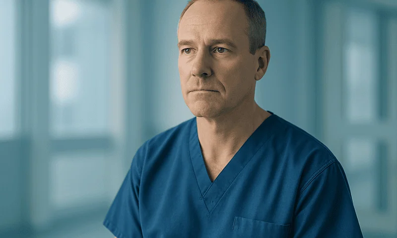 Male healthcare professional in blue scrubs in a hospital corridor.