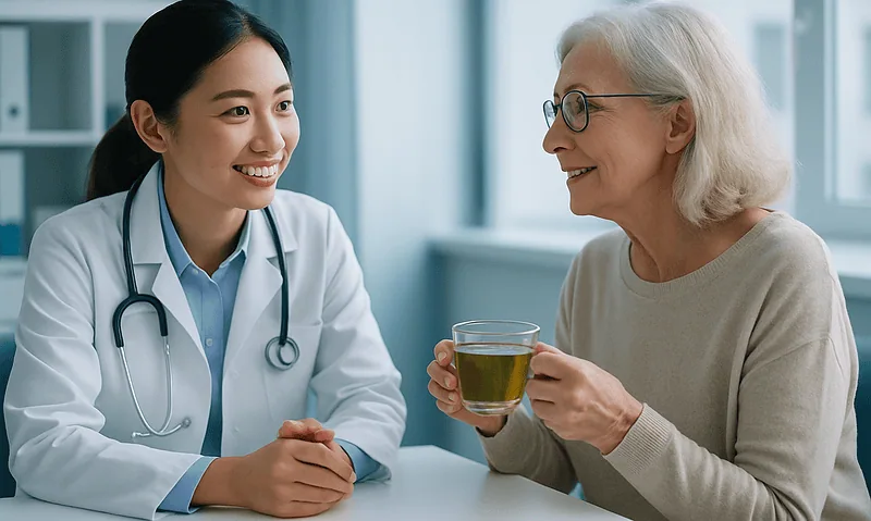 Doctor and elderly woman discussing health over a glass of tea in a medical setting.