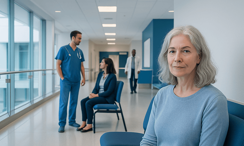 Senior woman waiting in hospital corridor with medical staff nearby.