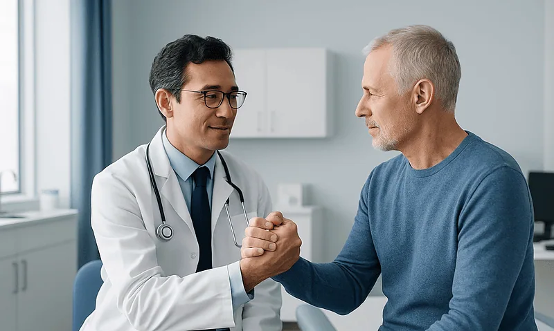 Doctor and patient shaking hands in a medical consultation room.