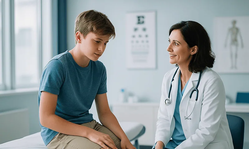Pediatric consultation at Acibadem Hospital with a doctor and young patient.