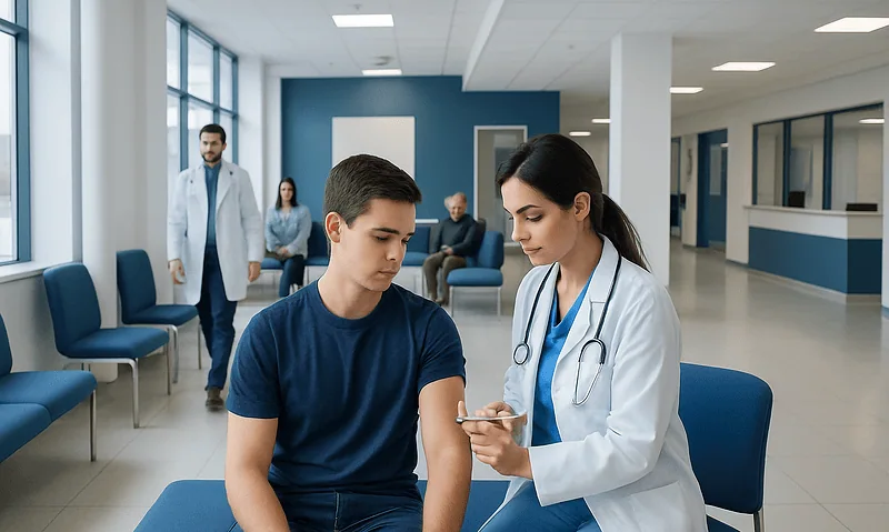 Doctor consulting with a young male patient in a hospital waiting area.