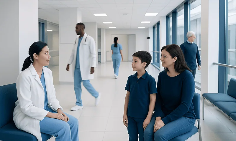 Doctor consulting with a mother and son in a hospital corridor.