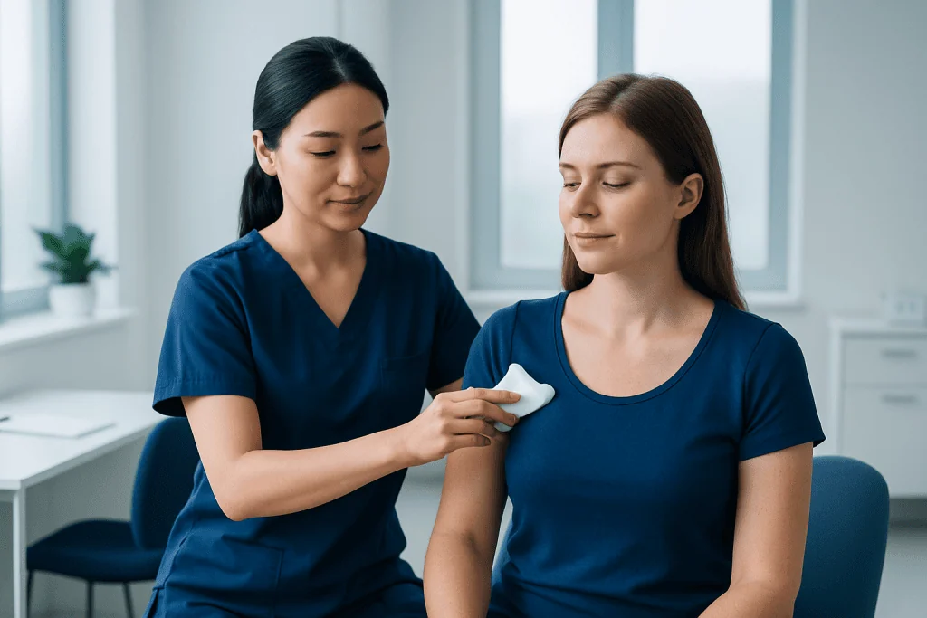 Healthcare professional administering vaccination to patient in clinic.