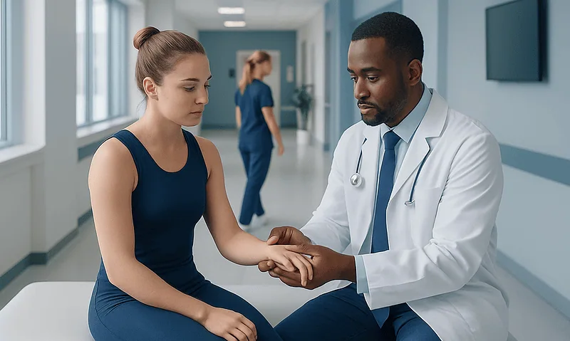 Doctor examining a young woman's wrist in a hospital corridor.