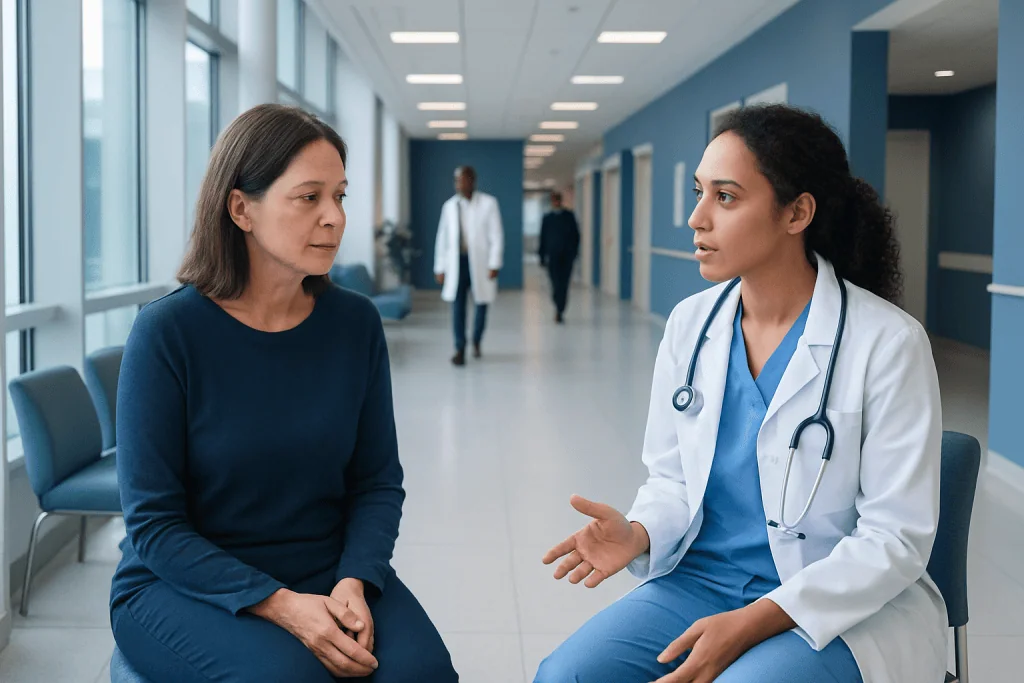 Gynecologic Cancer Treatment: How It Works, Results and What to Expect 1 Doctor consulting with a patient in a hospital corridor.