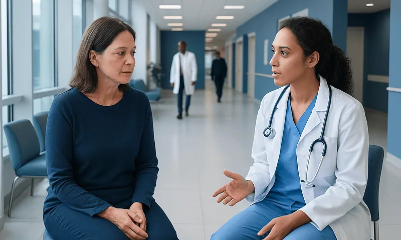 Gynecologic Cancer Treatment: How It Works, Results and What to Expect 17 Doctor consulting with a patient in a hospital corridor.