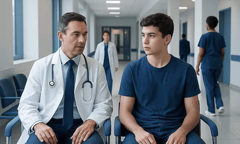 Doctor consulting with a young male patient in hospital corridor.