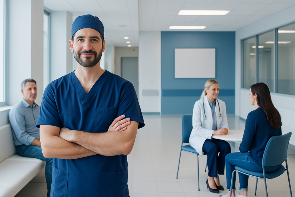 Gynecomastia Surgeons: Procedure, Recovery and Results 1 Skilled surgeon in a hospital corridor with medical team in background.