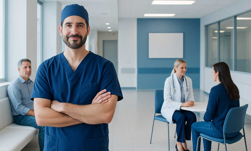 Skilled surgeon in a hospital corridor with medical team in background.