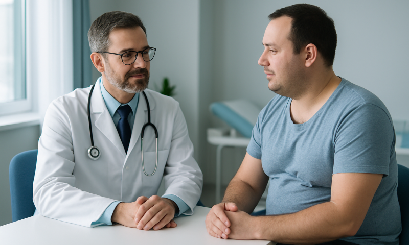 Doctor consulting with male patient in a medical office setting.
