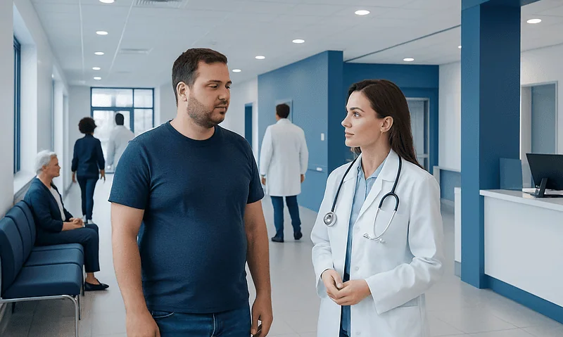 Doctor consulting male patient in hospital corridor.