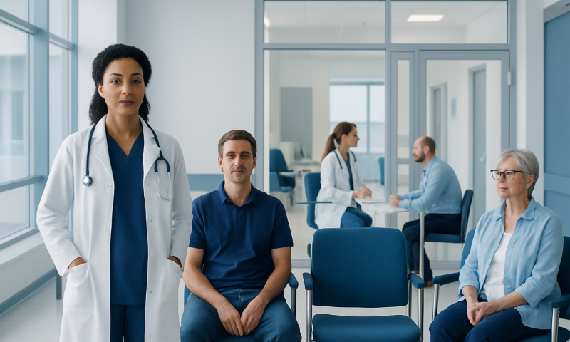 Medical professionals and patients in a hospital waiting area.