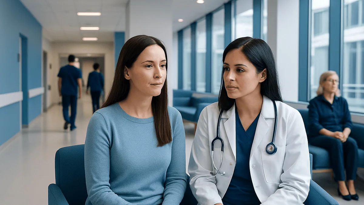 Doctor consulting with a female patient in a hospital corridor.