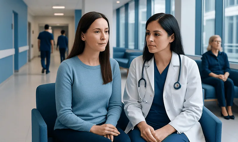 Doctor consulting with a female patient in a hospital corridor.