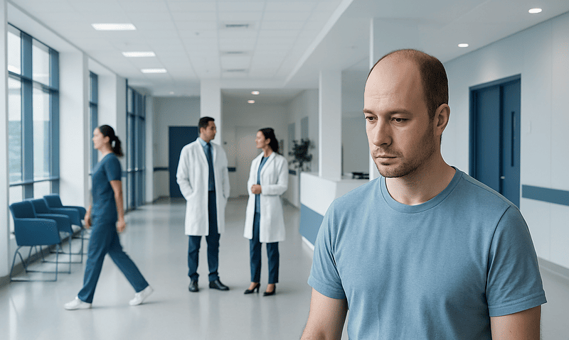 Man with hair loss in hospital corridor, healthcare professionals in background.