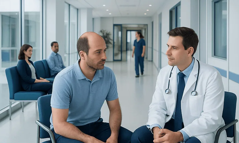 Doctor consulting with a male patient in a modern hospital corridor.