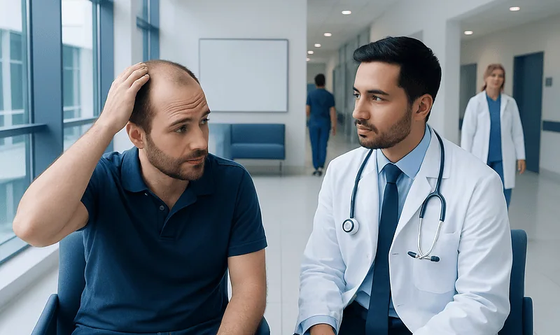 Patient consulting doctor about hair loss in a hospital setting.