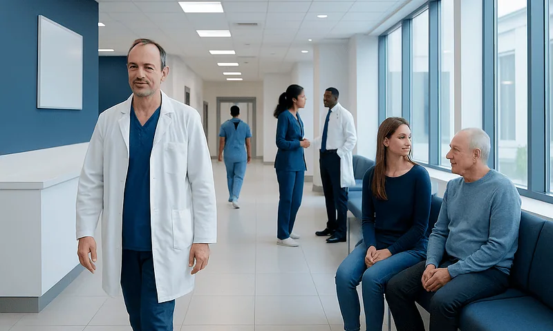 Medical professionals and patients in a modern hospital corridor.