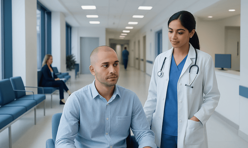 Doctor consulting a patient in a hospital corridor with other patients in the background.