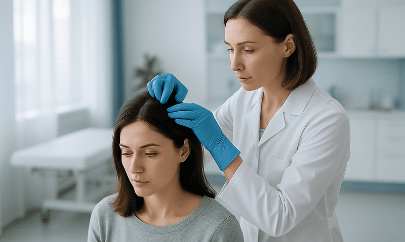 Doctor performing hair examination on patient in clinic setting.