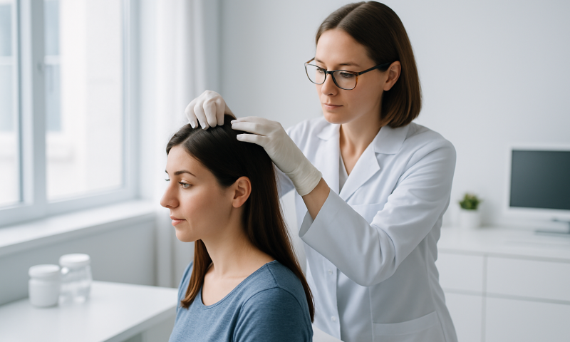Medical professional performing scalp examination on patient in clinic.