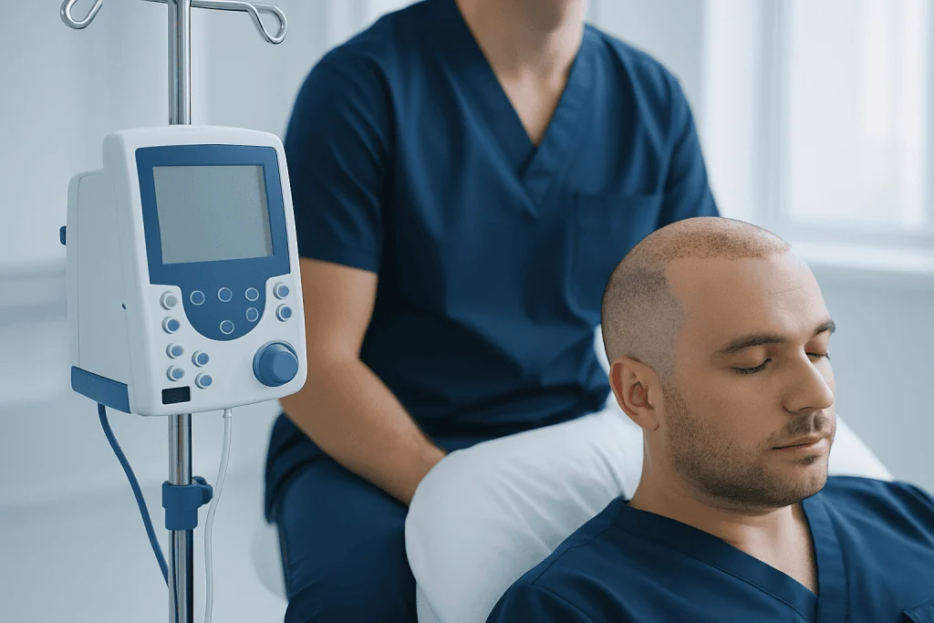 Patient undergoing hair transplant consultation at Acibadem Hospital.