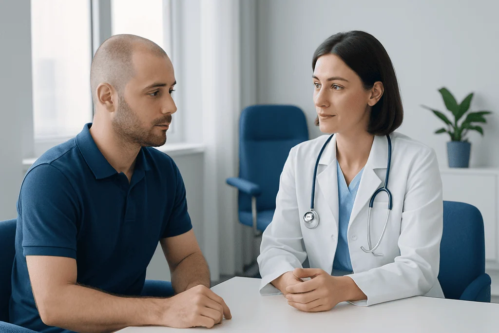 Doctor consulting with a male patient in a modern clinic setting.