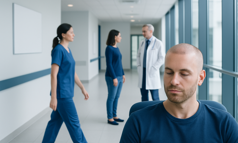 Patient recovering from hair transplant in hospital corridor.