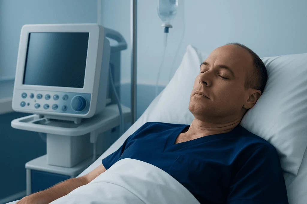 Patient resting in hospital bed after medical procedure at Acibadem Hospital.