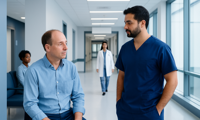 Doctor consulting with patient in hospital corridor.