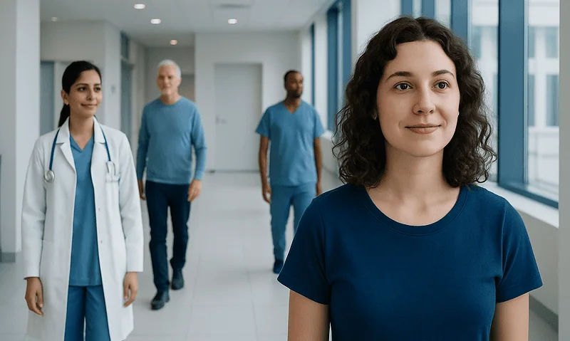 Young woman with curly hair in a hospital corridor with medical staff.