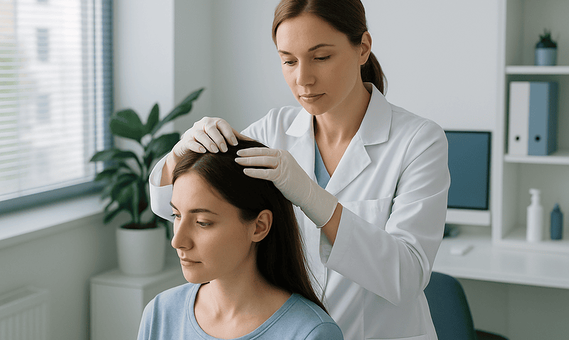 Medical professional performing hair examination on a patient in a clinic.