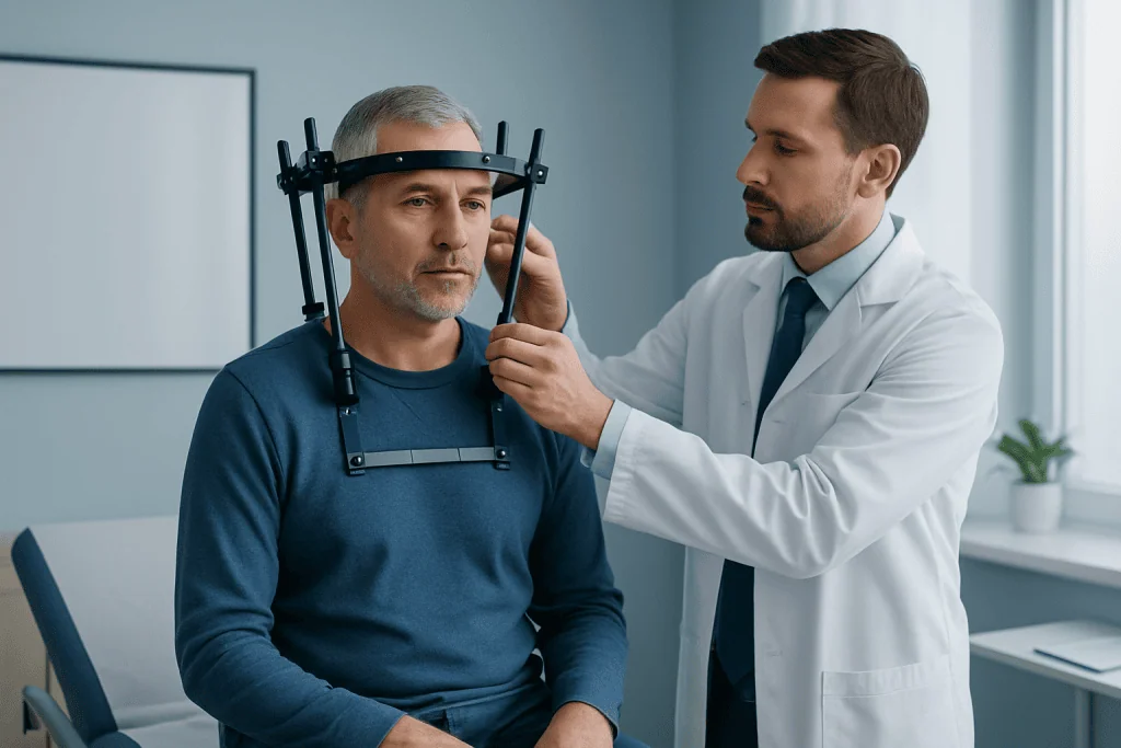 Doctor fitting a head brace on a male patient in a clinic.