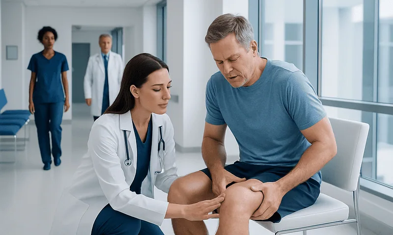 Doctor examining patient's knee in a modern hospital corridor.