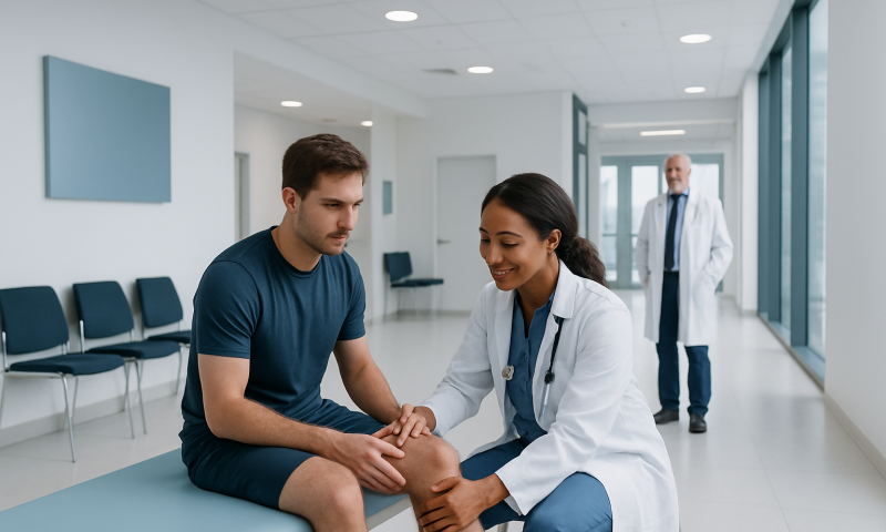 Doctor examining patient's knee in a modern hospital corridor.