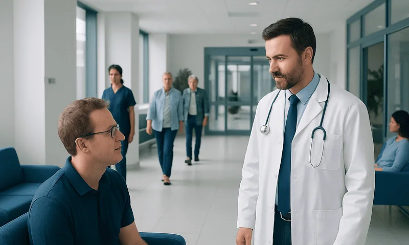Doctor talking to a patient in a hospital corridor.