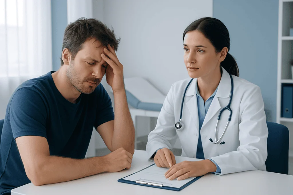 Patient experiencing headache consulting with doctor in clinic.