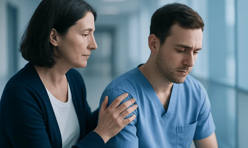 Compassionate healthcare professional comforting a patient in a hospital corridor.