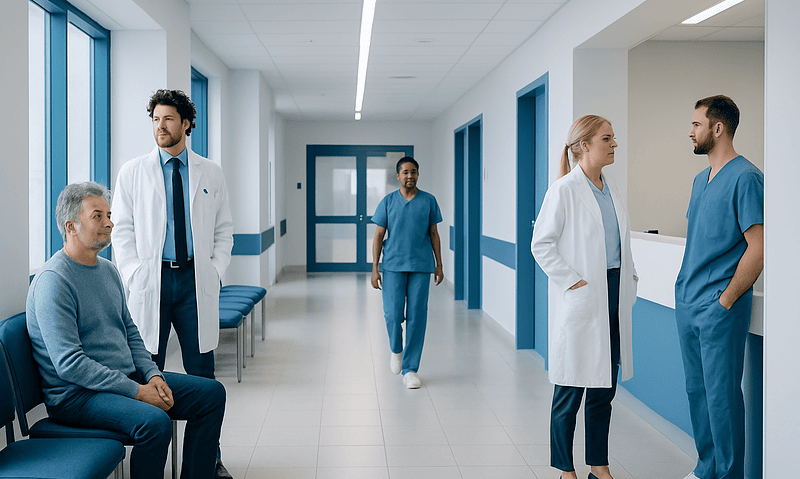 Medical team and patient in hospital corridor at Acibadem Hospitals Group.