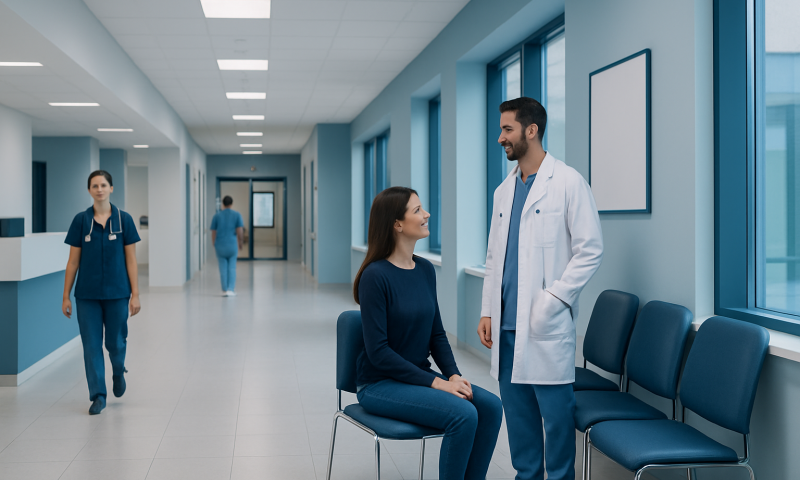 Doctor consulting with patient in hospital corridor with medical staff in background.