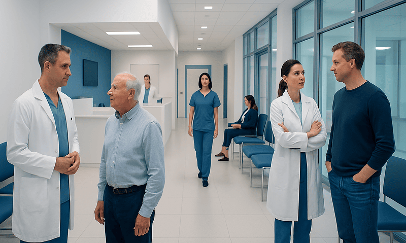 Medical professionals and patients in a modern hospital corridor.