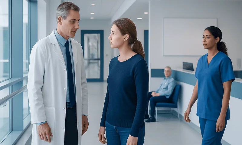 Doctor talking to a patient in a hospital corridor with medical staff nearby.