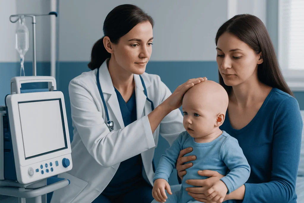 Pediatric doctor examining a young child's head in a hospital setting.