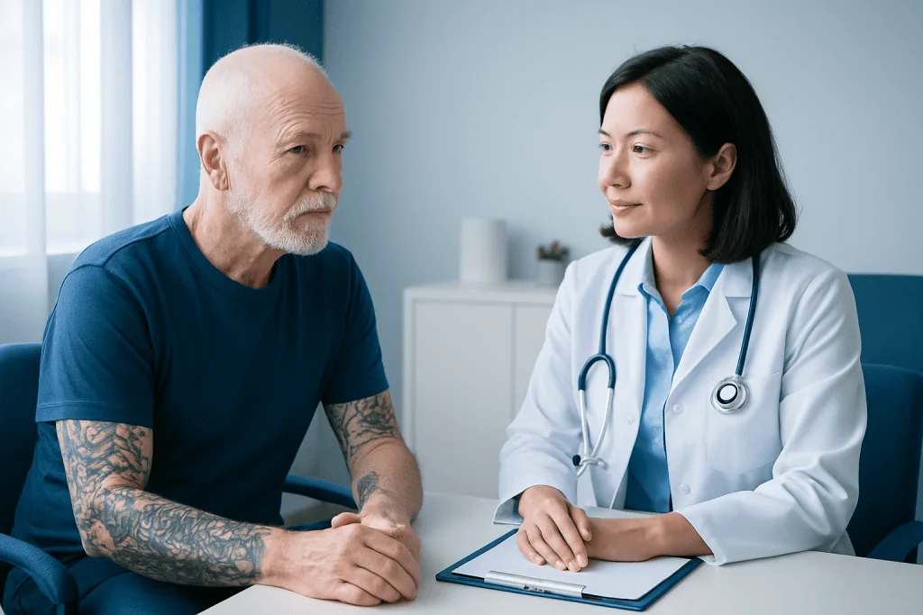 Older man consulting with a female doctor in a medical office.
